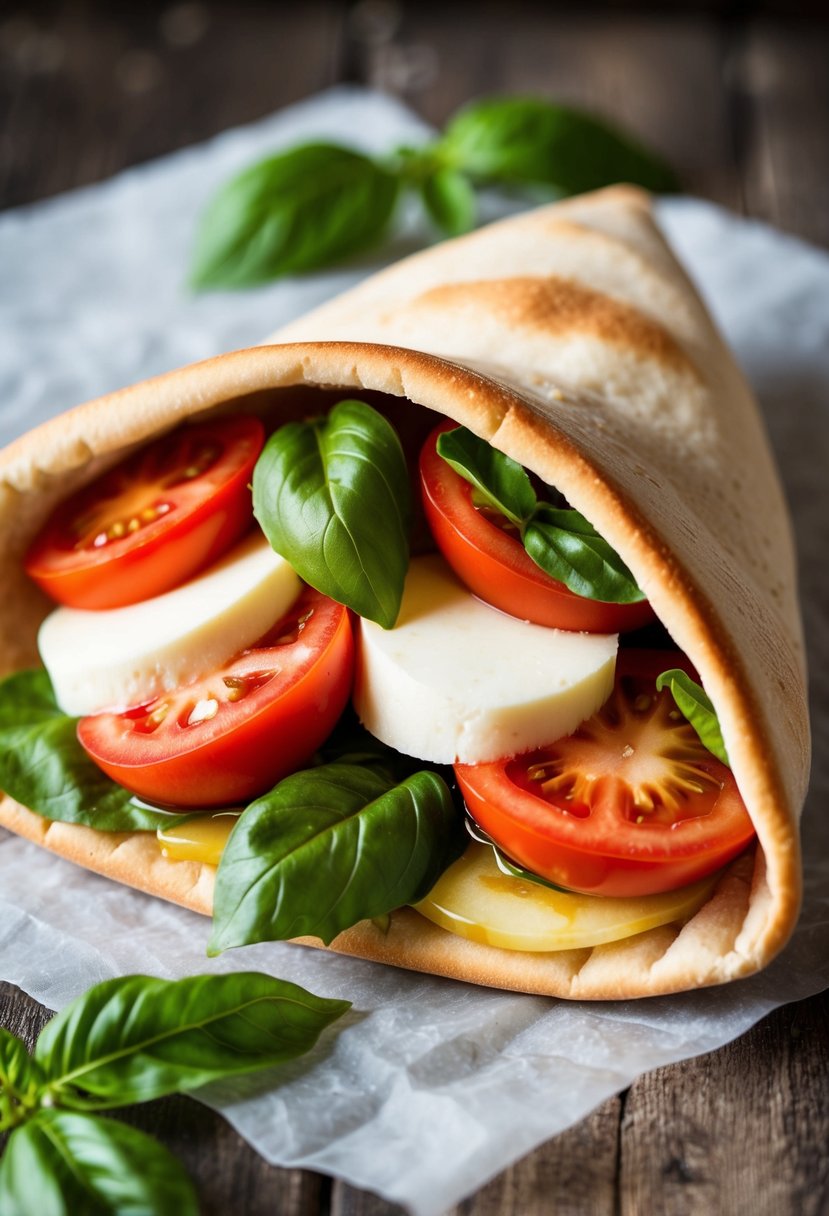 A pita pocket filled with sliced tomatoes, fresh mozzarella, and basil leaves