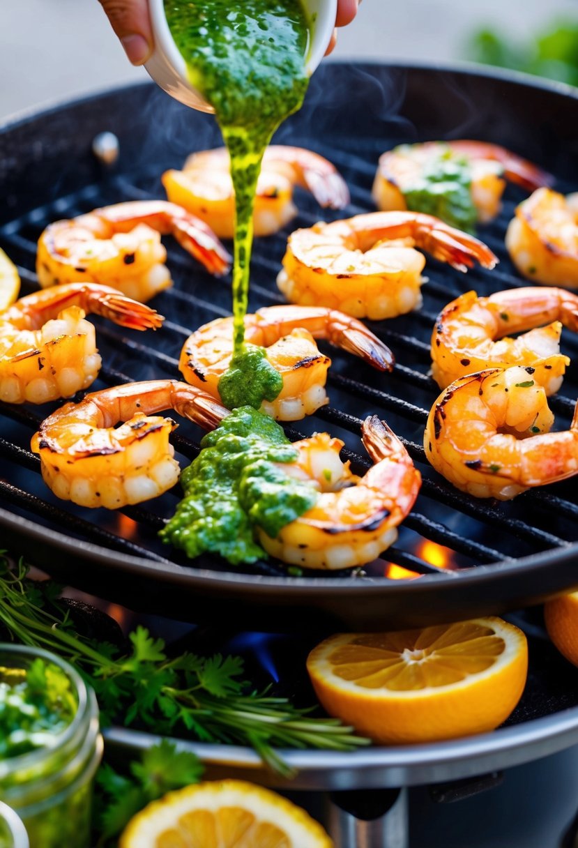 Grilled shrimp sizzling on a hot grill, drizzled with vibrant green chimichurri sauce and surrounded by fresh herbs and citrus slices