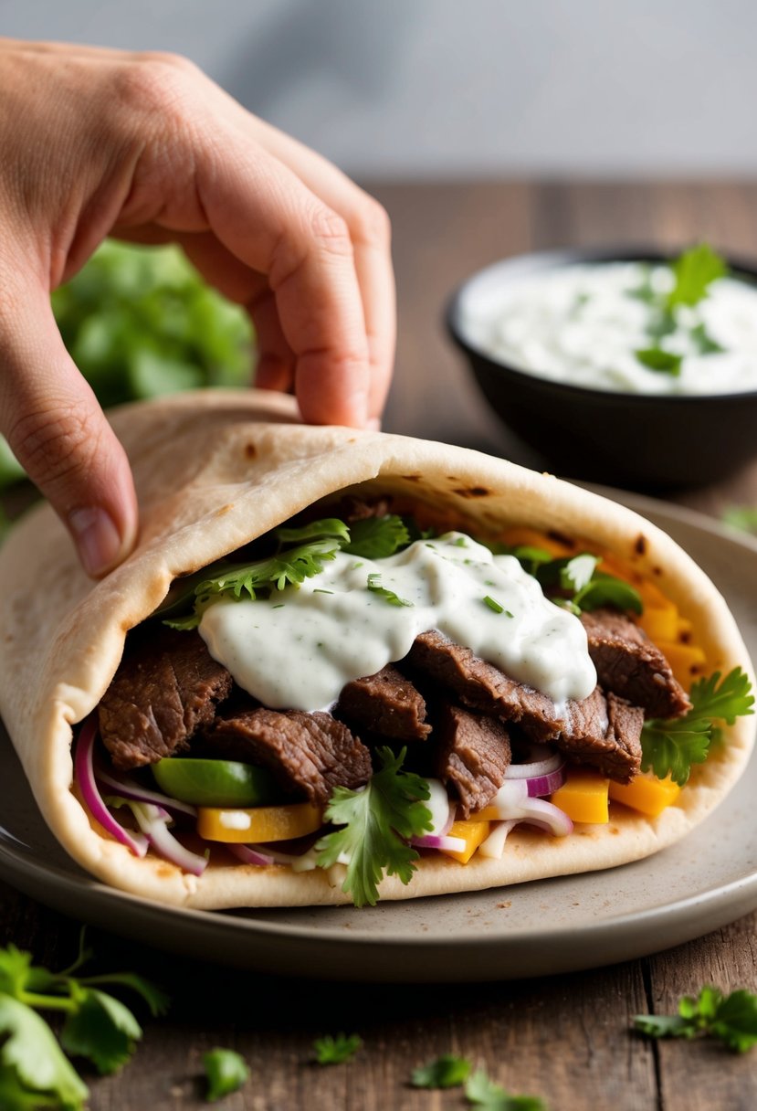 A beef gyro pita pocket being filled with fresh ingredients and topped with creamy tzatziki sauce