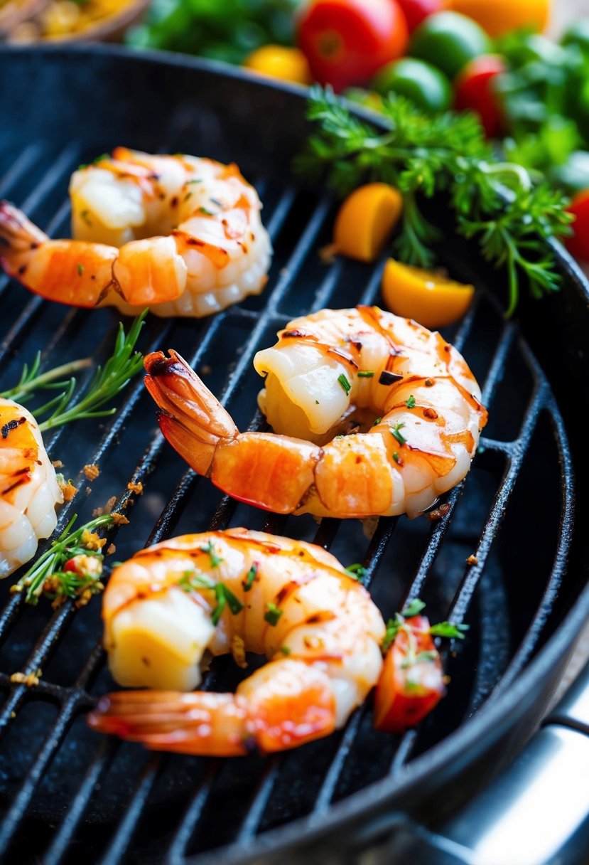 Plump shrimp sizzling on a hot grill, surrounded by colorful Mediterranean herbs and spices