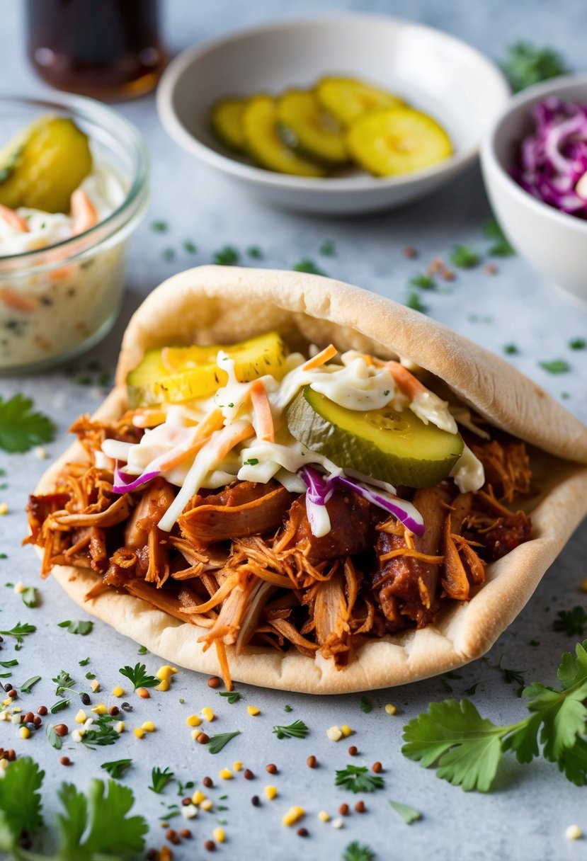 A pita pocket filled with BBQ pulled pork, coleslaw, and pickles, surrounded by a scattering of fresh herbs and spices