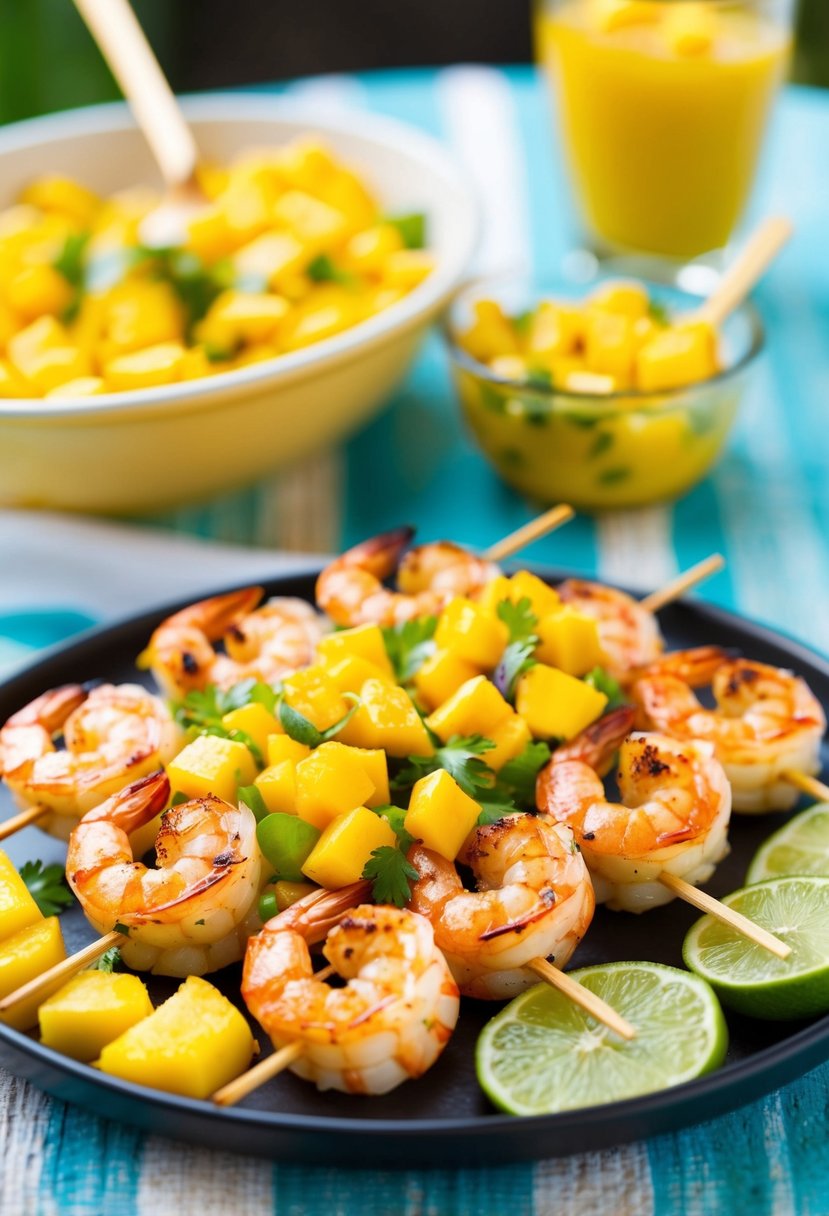 Grilled shrimp skewers with vibrant mango salsa, arranged on a serving platter with a backdrop of a summery outdoor setting