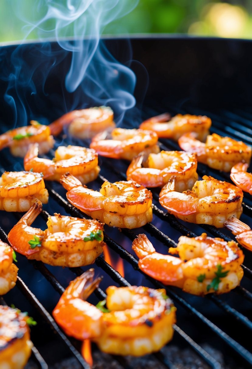 Grilled shrimp marinated in Jamaican jerk seasoning, sizzling on a hot barbecue grill. Smoke rising, vibrant colors, and the aroma of spices