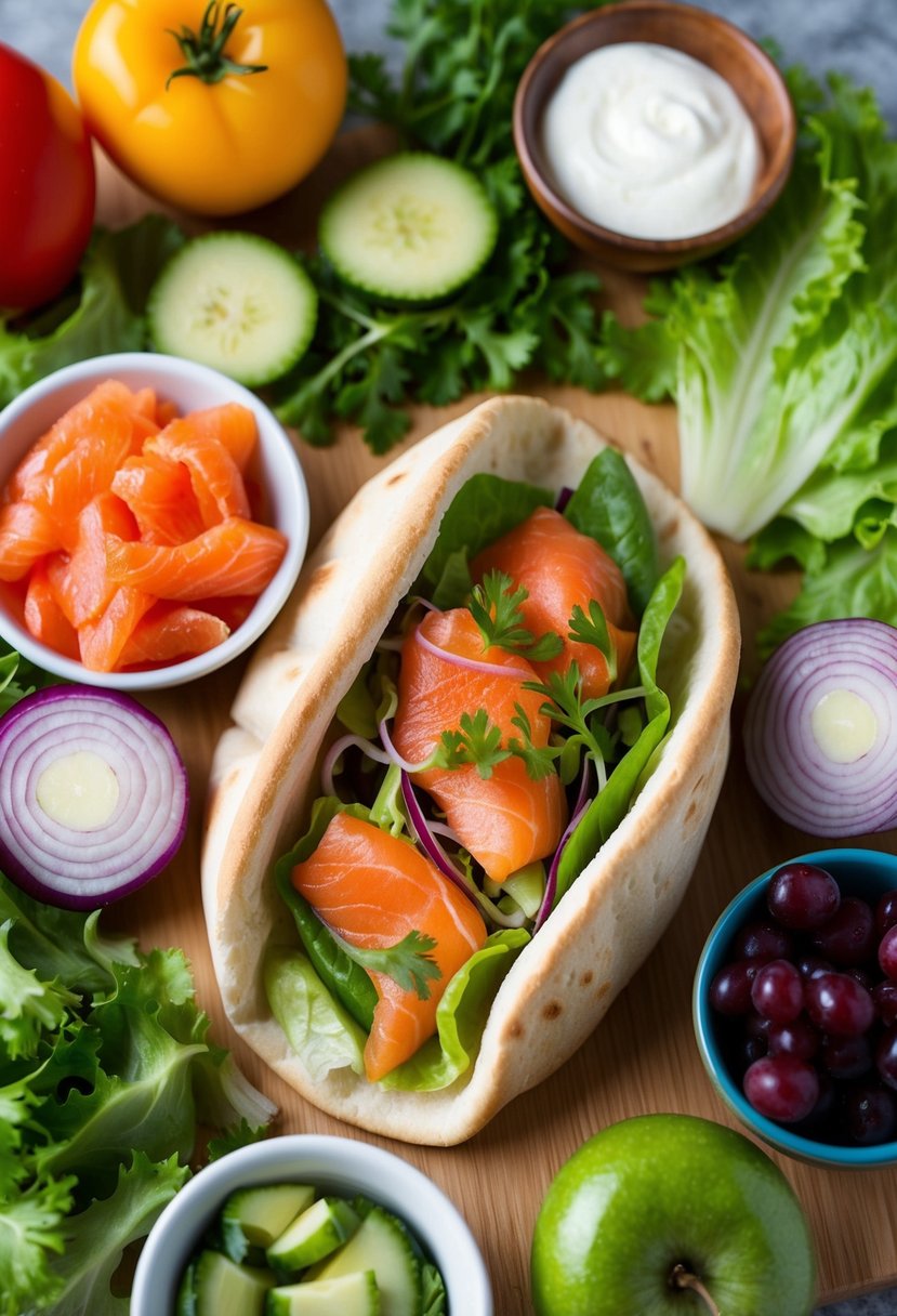 A colorful array of fresh ingredients arranged around a pita pocket filled with smoked salmon, lettuce, and other tasty toppings