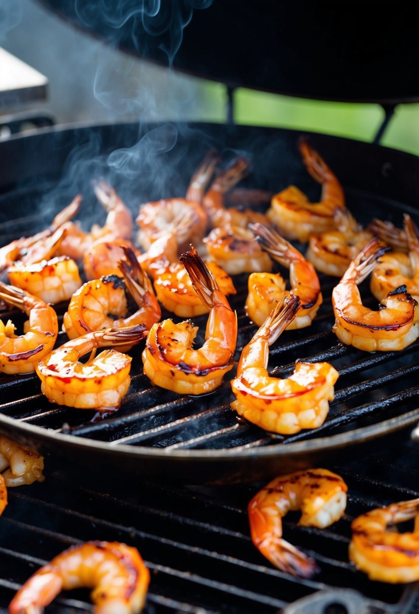 A platter of honey sriracha grilled shrimp sizzling on the grill, surrounded by charred grill marks and a hint of smoke in the air