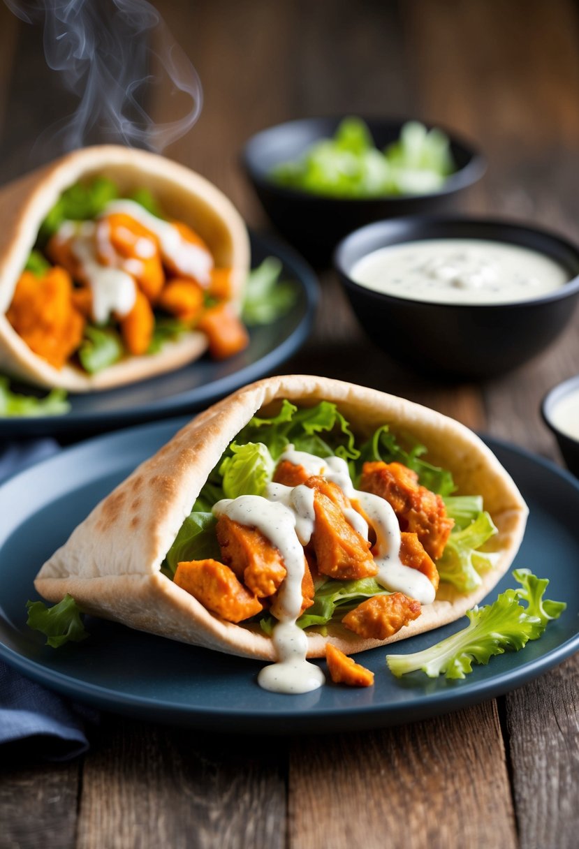 A steaming pita pocket overflowing with spicy buffalo chicken, crisp lettuce, and creamy ranch dressing