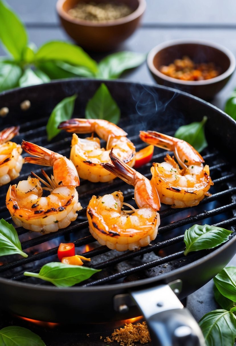 Grilled shrimp sizzling on a hot grill, surrounded by Thai basil leaves and aromatic spices