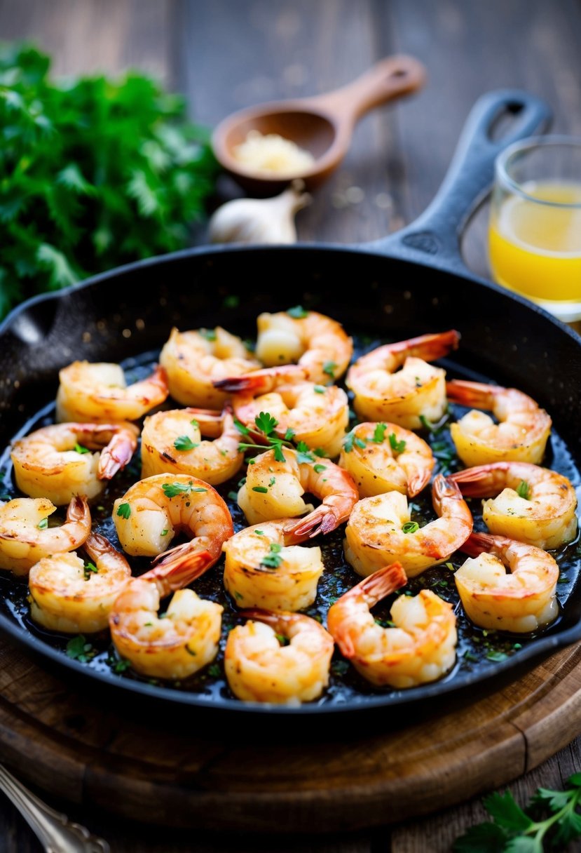 A sizzling skillet of grilled garlic parmesan shrimp, garnished with fresh herbs and served on a rustic wooden platter