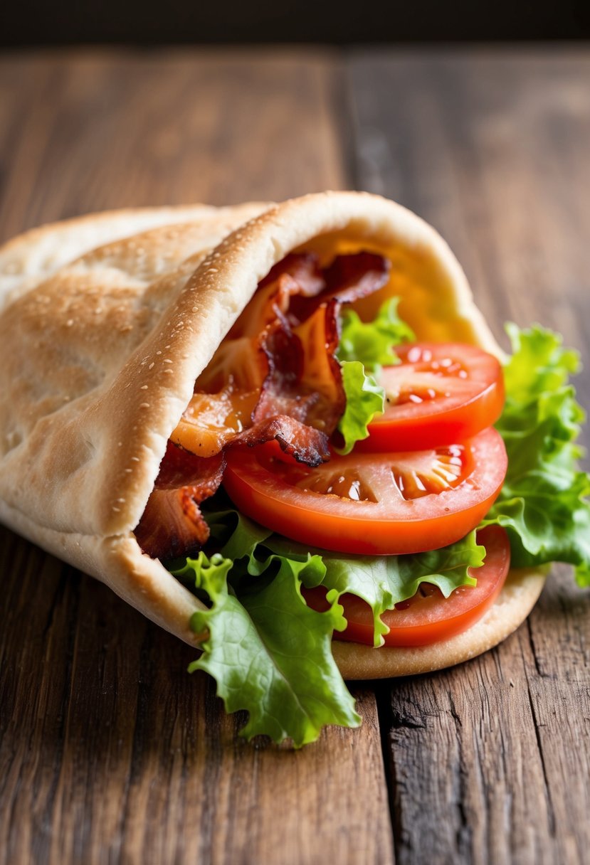 A colorful array of fresh ingredients spilling out of a pita pocket, including crispy bacon, juicy tomato slices, and vibrant lettuce