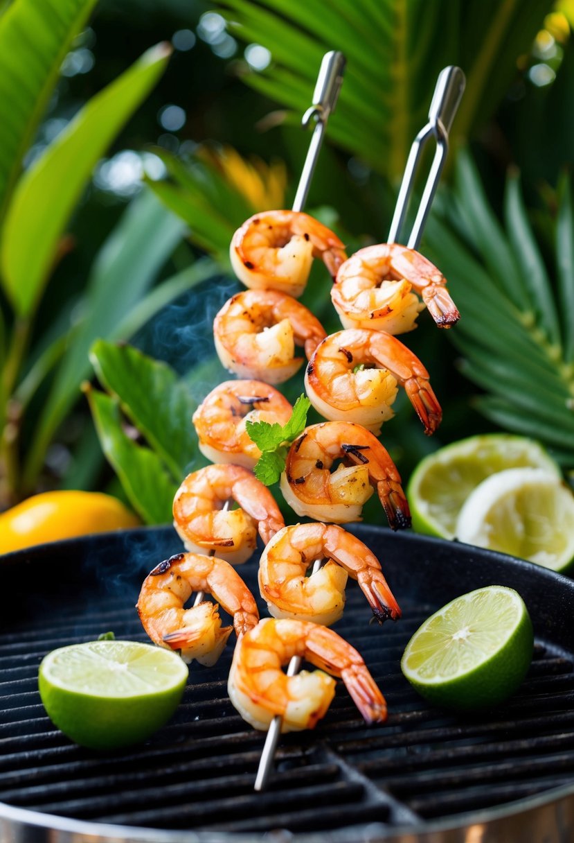 Grilled shrimp skewers with coconut and lime, surrounded by tropical foliage and a sizzling grill