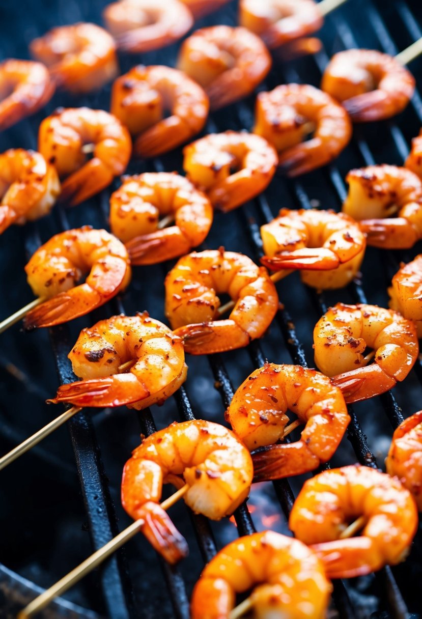 Skewers of succulent grilled shrimp coated in smoky paprika seasoning, arranged on a sizzling hot grill