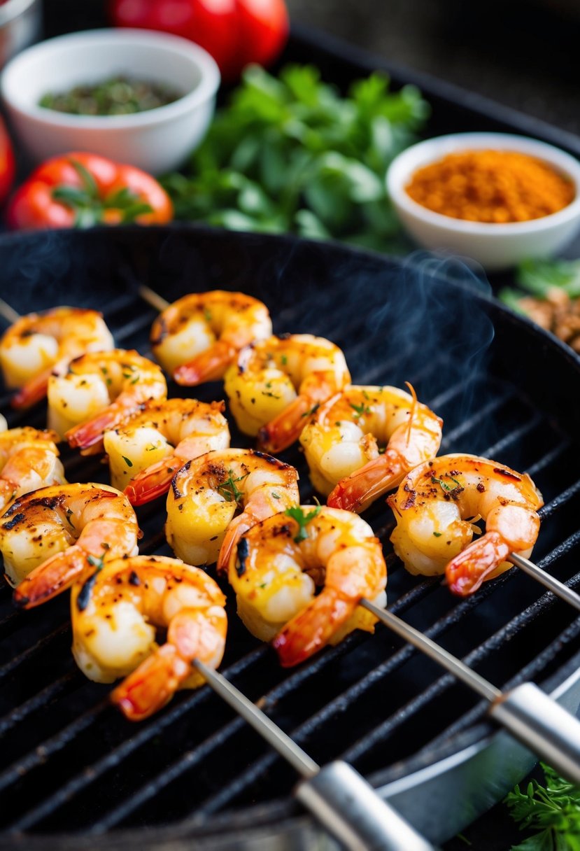 Grilled shrimp skewers sizzling on a hot grill, infused with vibrant saffron and surrounded by aromatic herbs and spices