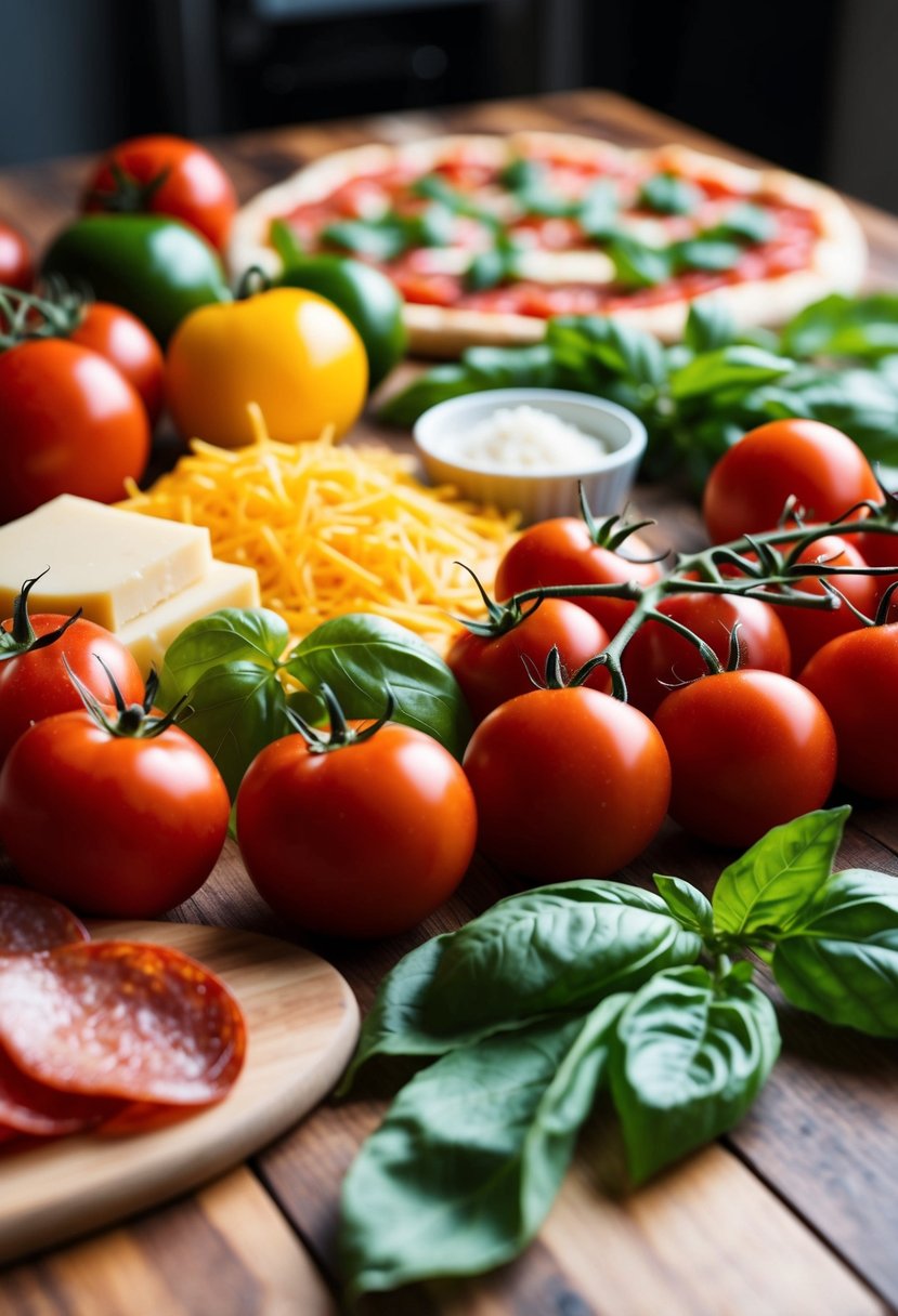 A colorful array of fresh ingredients, including tomatoes, basil, cheese, and pepperoni, spread out on a wooden table in preparation for making pizza