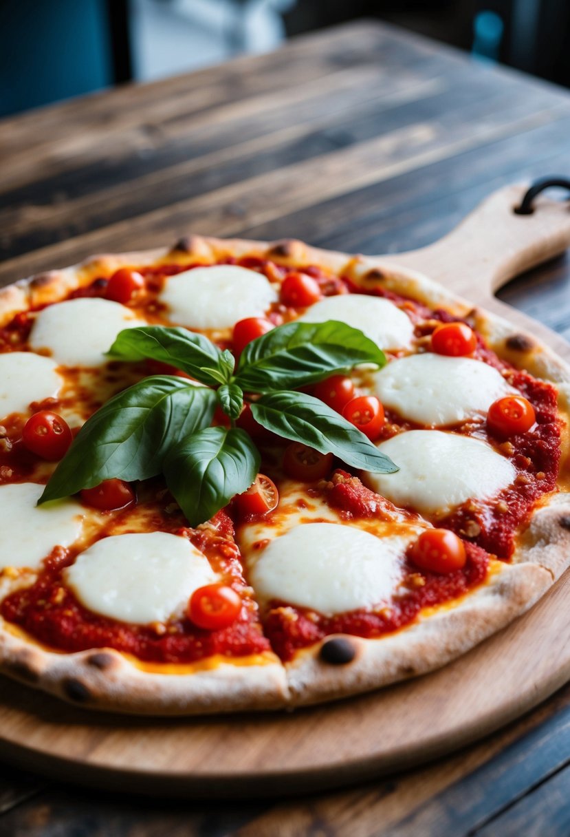 A fresh Margherita pizza sits on a wooden board, topped with vibrant red tomato sauce, melted mozzarella cheese, and fragrant basil leaves