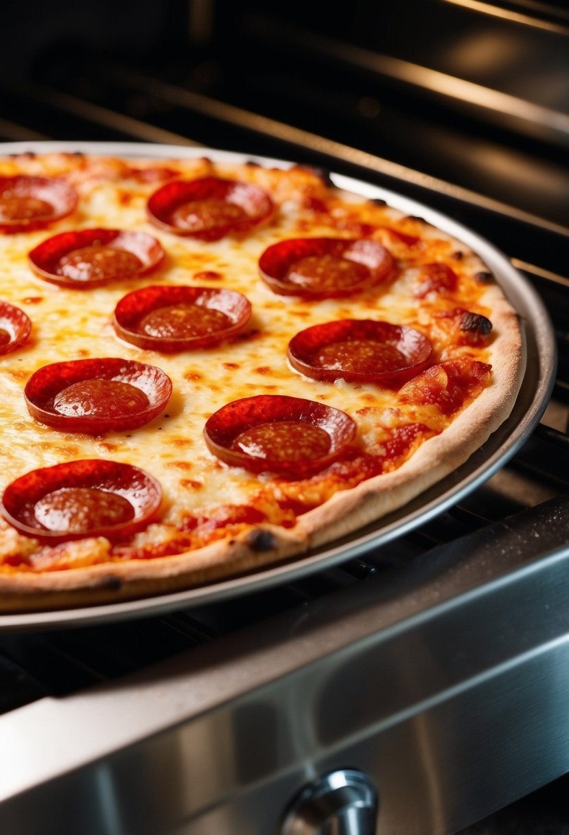 A sizzling Pepperoni Delight pizza fresh from the oven, with bubbling cheese and crispy pepperoni slices