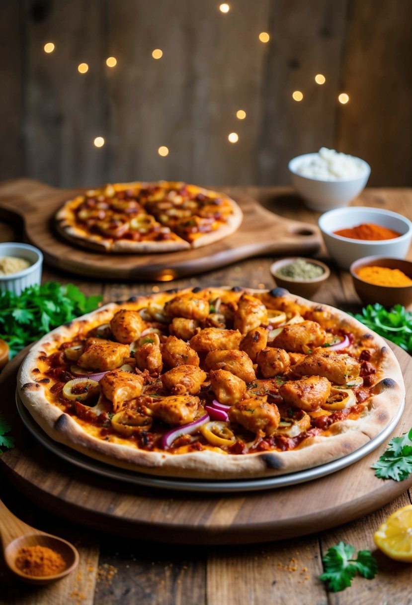 A sizzling BBQ Chicken Extravaganza pizza surrounded by fresh ingredients and spices on a wooden cutting board