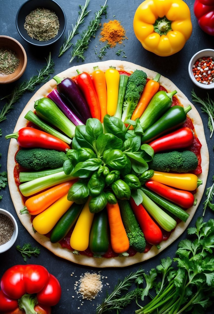 A colorful array of fresh vegetables arranged on a pizza crust, surrounded by vibrant herbs and spices