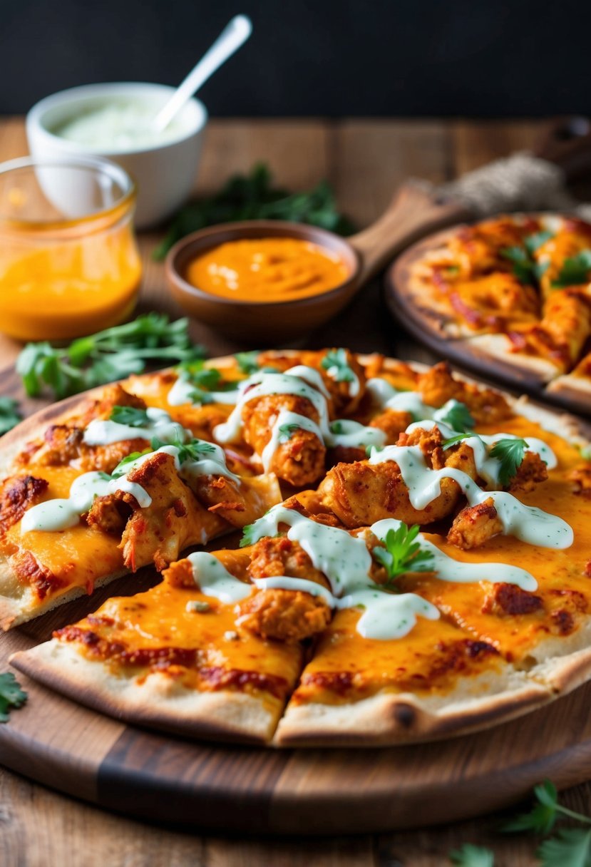 A sizzling buffalo chicken ranch pizza on a wooden board with melted cheese, spicy chicken, and drizzled ranch dressing