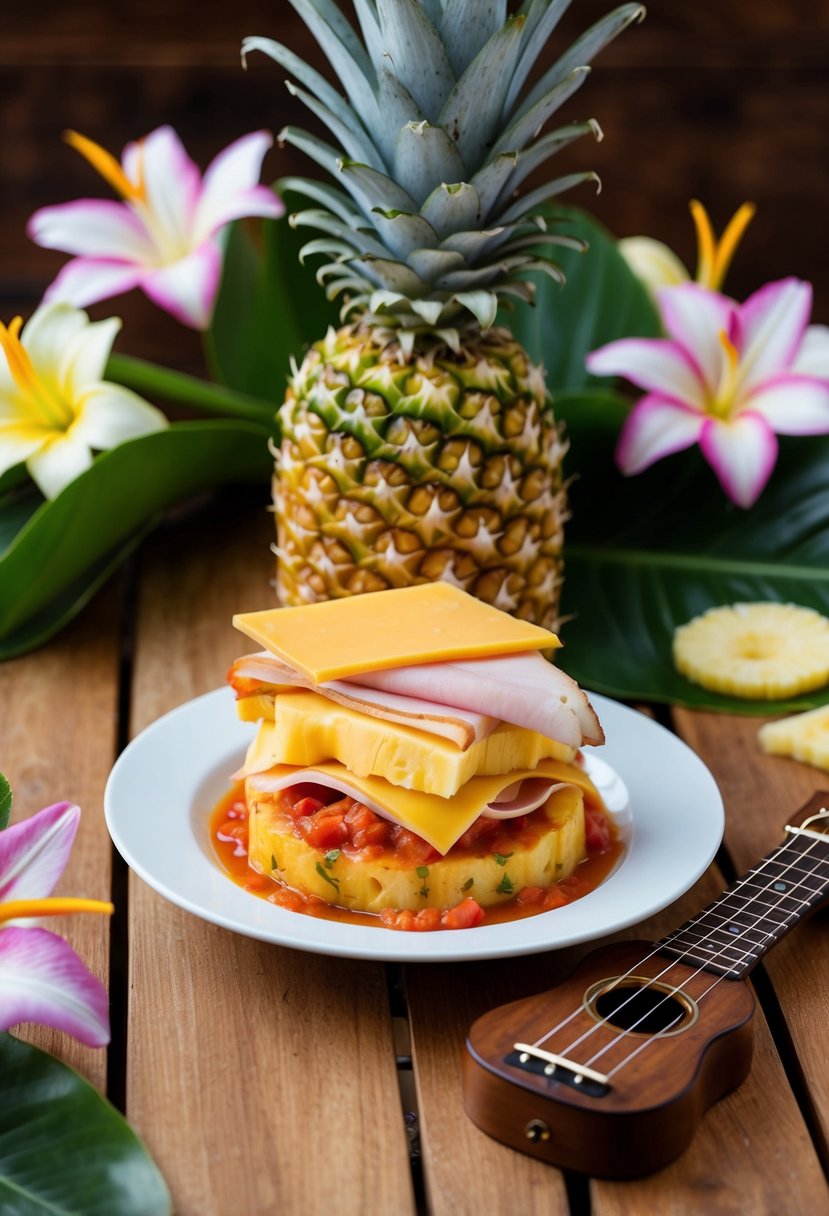 A wooden table with fresh pineapple, ham, cheese, and tomato sauce, surrounded by tropical flowers and a Hawaiian ukulele