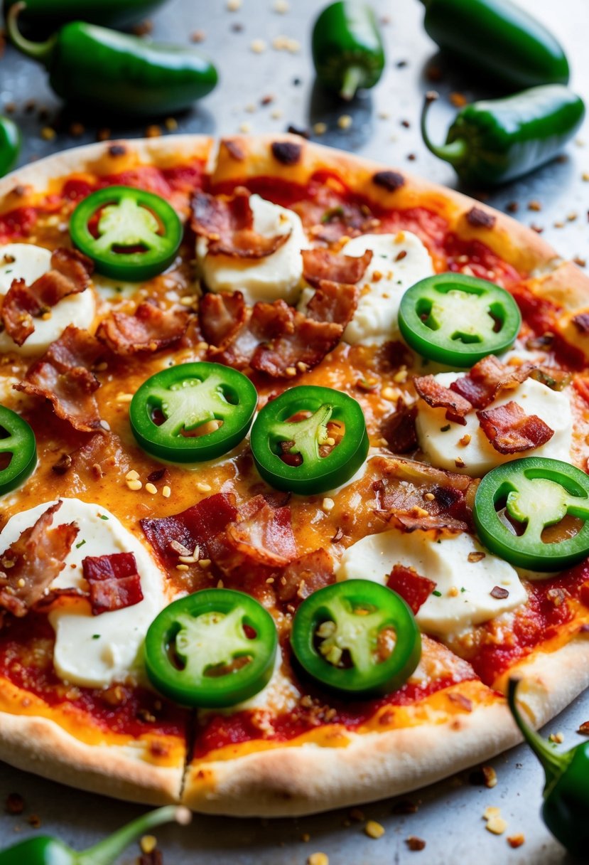 A sizzling pizza topped with jalapeños, cream cheese, and crispy bacon, surrounded by scattered jalapeño peppers and a sprinkle of chili flakes