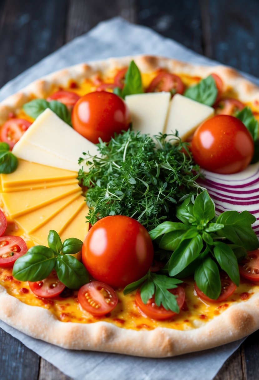 A colorful array of four different types of cheese, fresh herbs, and tomatoes on a golden, crispy pizza crust