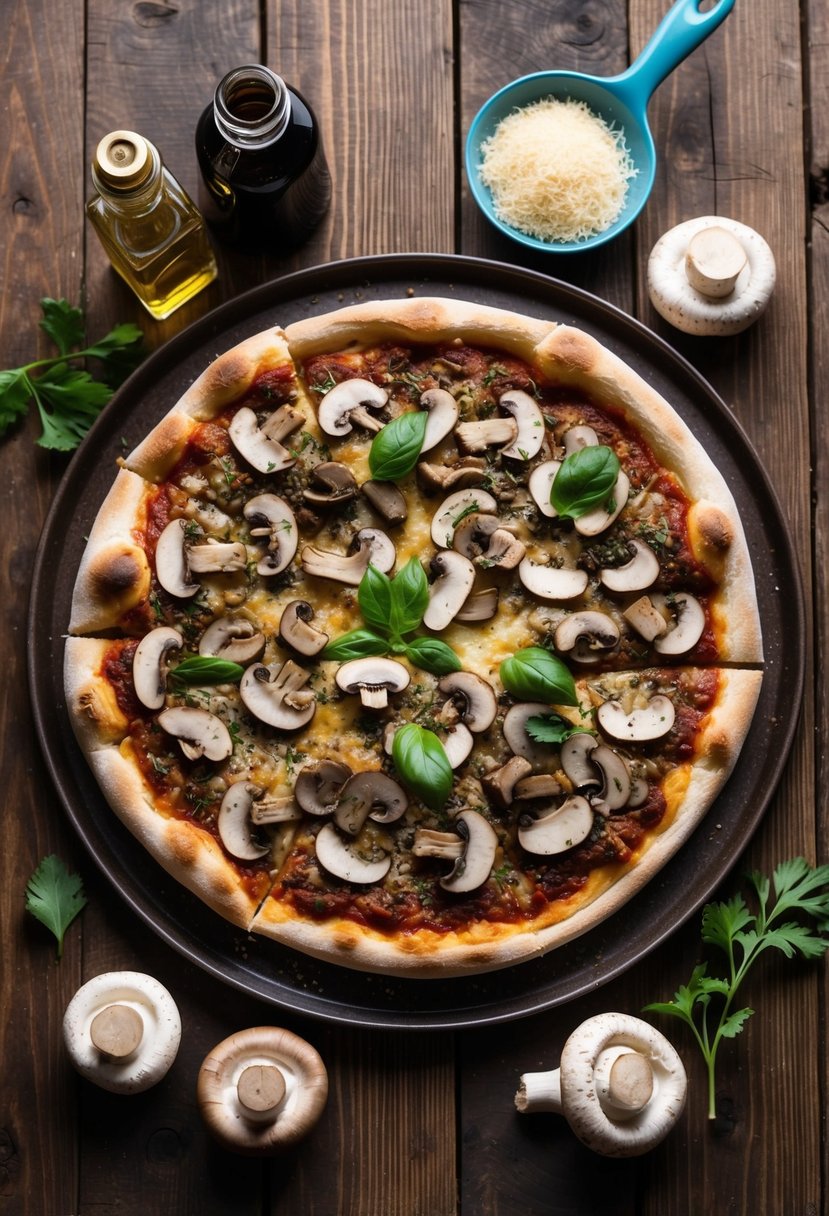 A rustic wooden table with a freshly baked Mushroom Truffle Sensation pizza surrounded by ingredients like mushrooms, truffle oil, and parmesan cheese