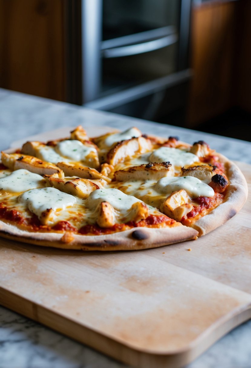 A wooden pizza paddle with a freshly baked Chicken Alfredo pizza, topped with melted cheese, grilled chicken, and creamy Alfredo sauce