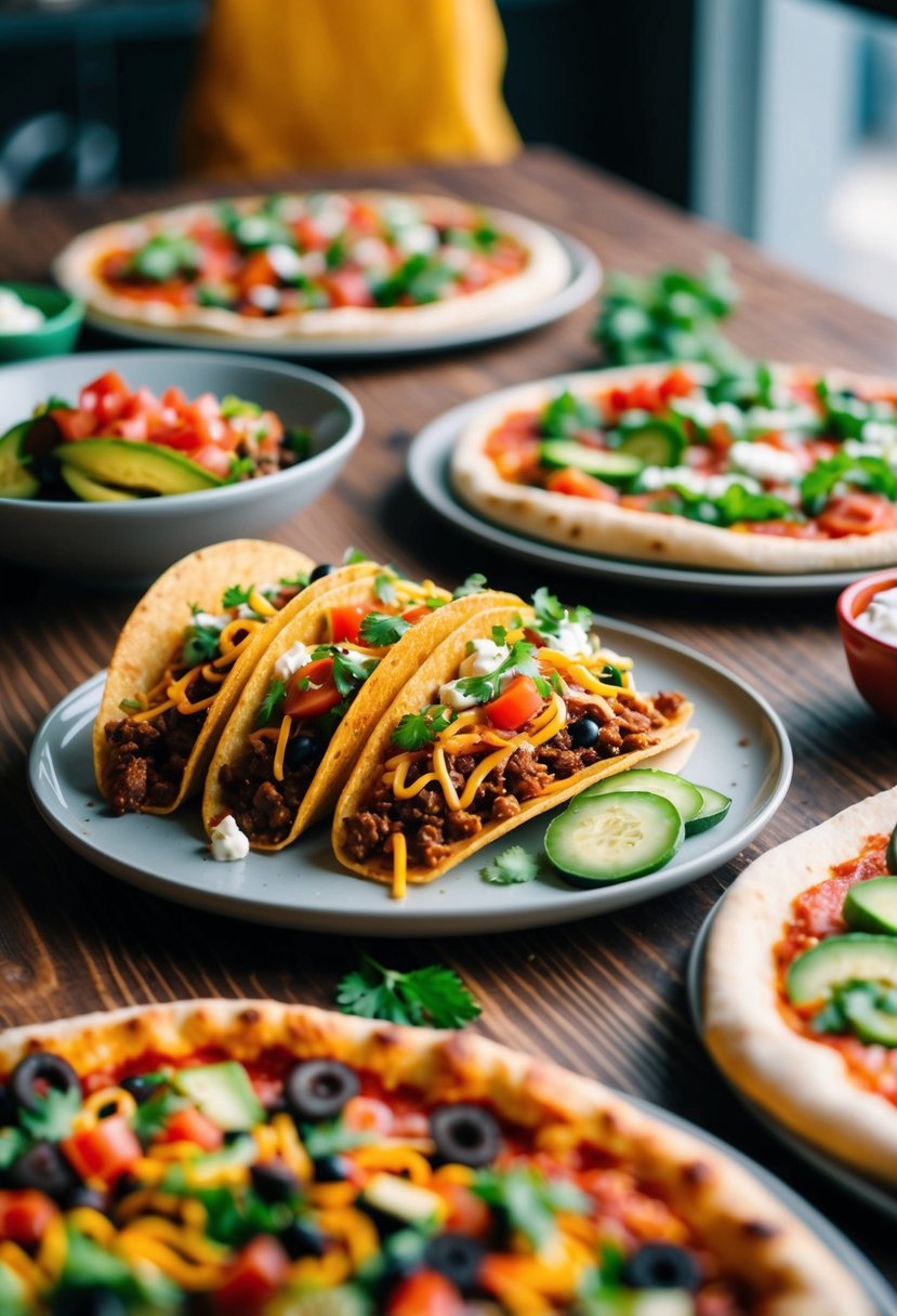 A colorful spread of taco toppings and pizza crusts on a wooden table