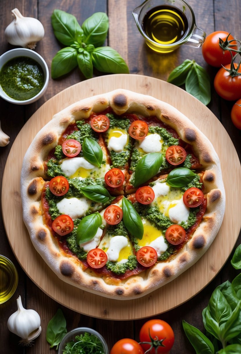 A wooden table with a freshly baked pesto and tomato pizza, surrounded by ingredients like basil, tomatoes, garlic, and olive oil