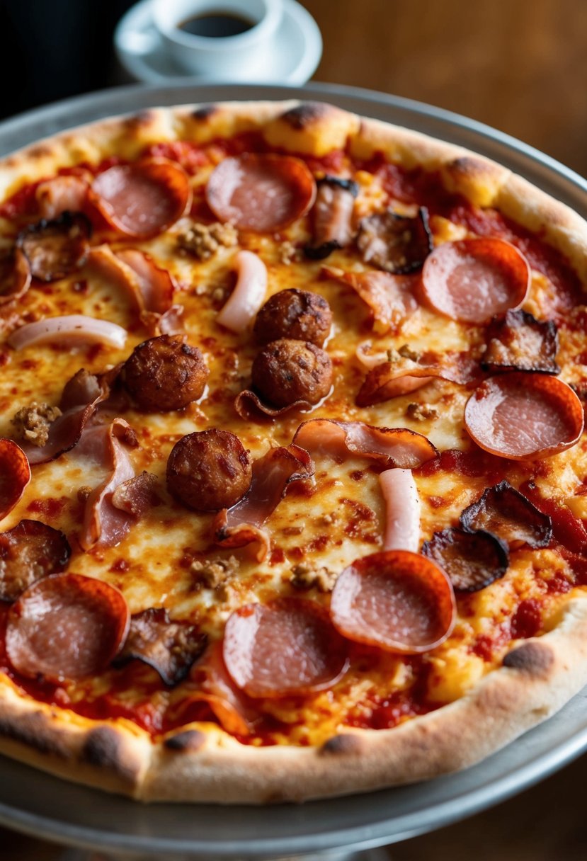 A sizzling hot pizza topped with an assortment of savory meats, including pepperoni, sausage, bacon, and ham, surrounded by a golden, crispy crust