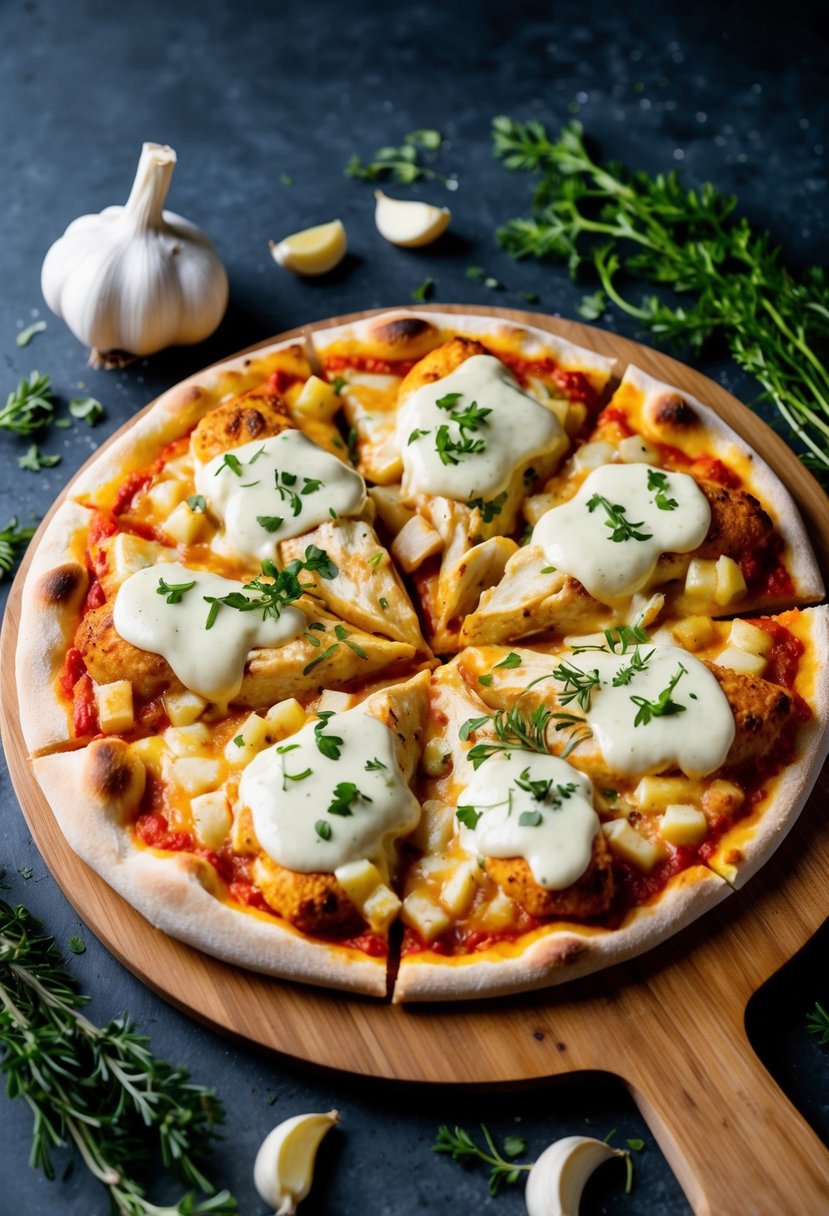 A wooden pizza paddle topped with a freshly baked garlic chicken white sauce pizza, surrounded by scattered garlic cloves and sprigs of fresh herbs