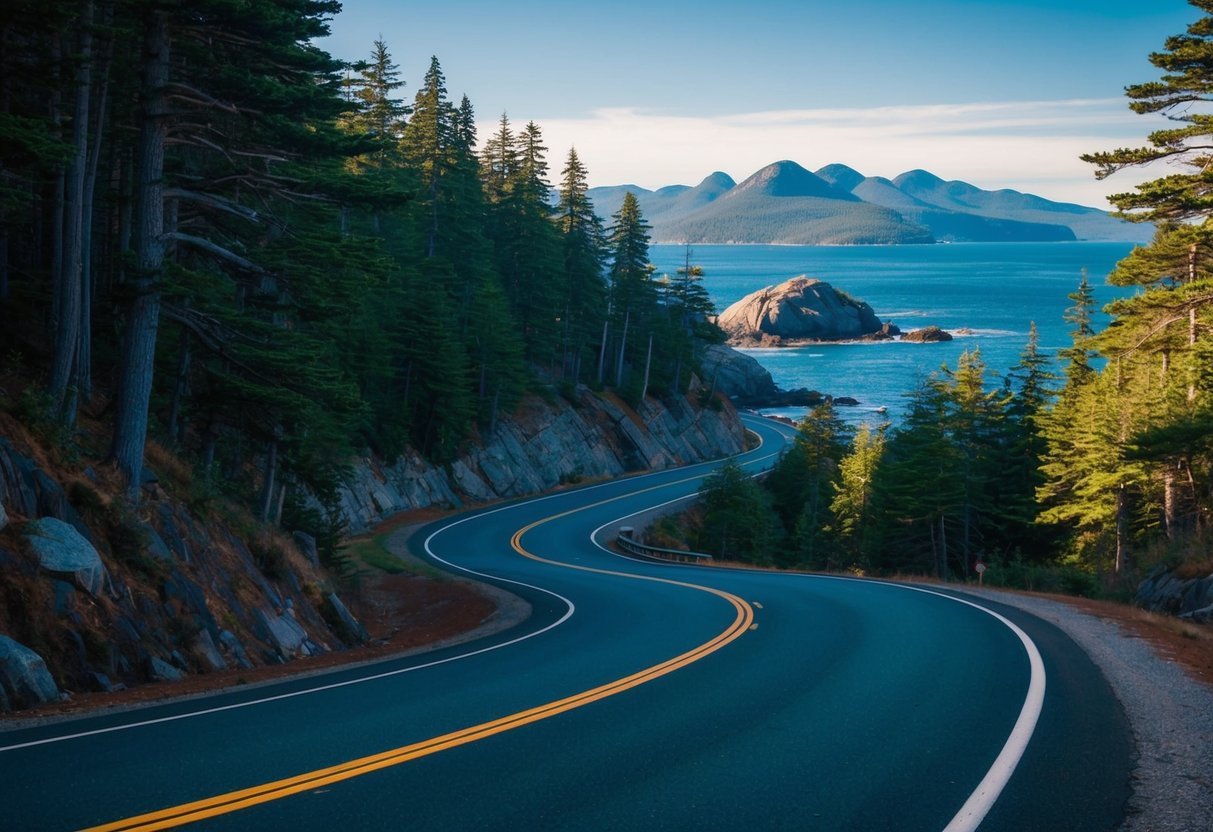 A winding road cutting through dense forest, with glimpses of rocky coastline and distant mountains in Acadia National Park