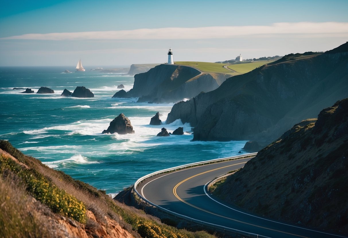 A winding coastal road overlooks rugged cliffs and crashing waves, with a lighthouse in the distance and a sailboat on the horizon