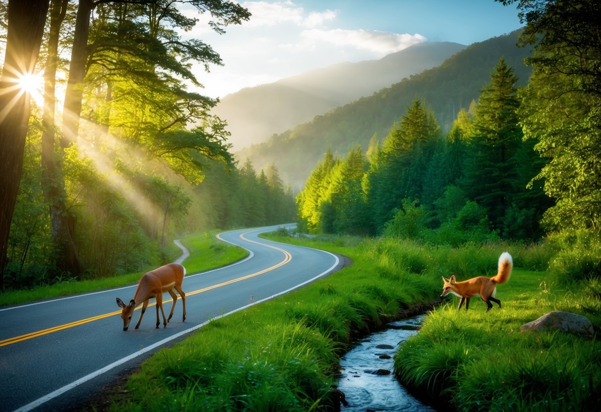 A winding road cuts through lush forests, with sunlight filtering through the canopy. A deer pauses to drink from a tranquil stream, while a red fox darts through the underbrush. The mountains rise in the distance, shrouded in mist