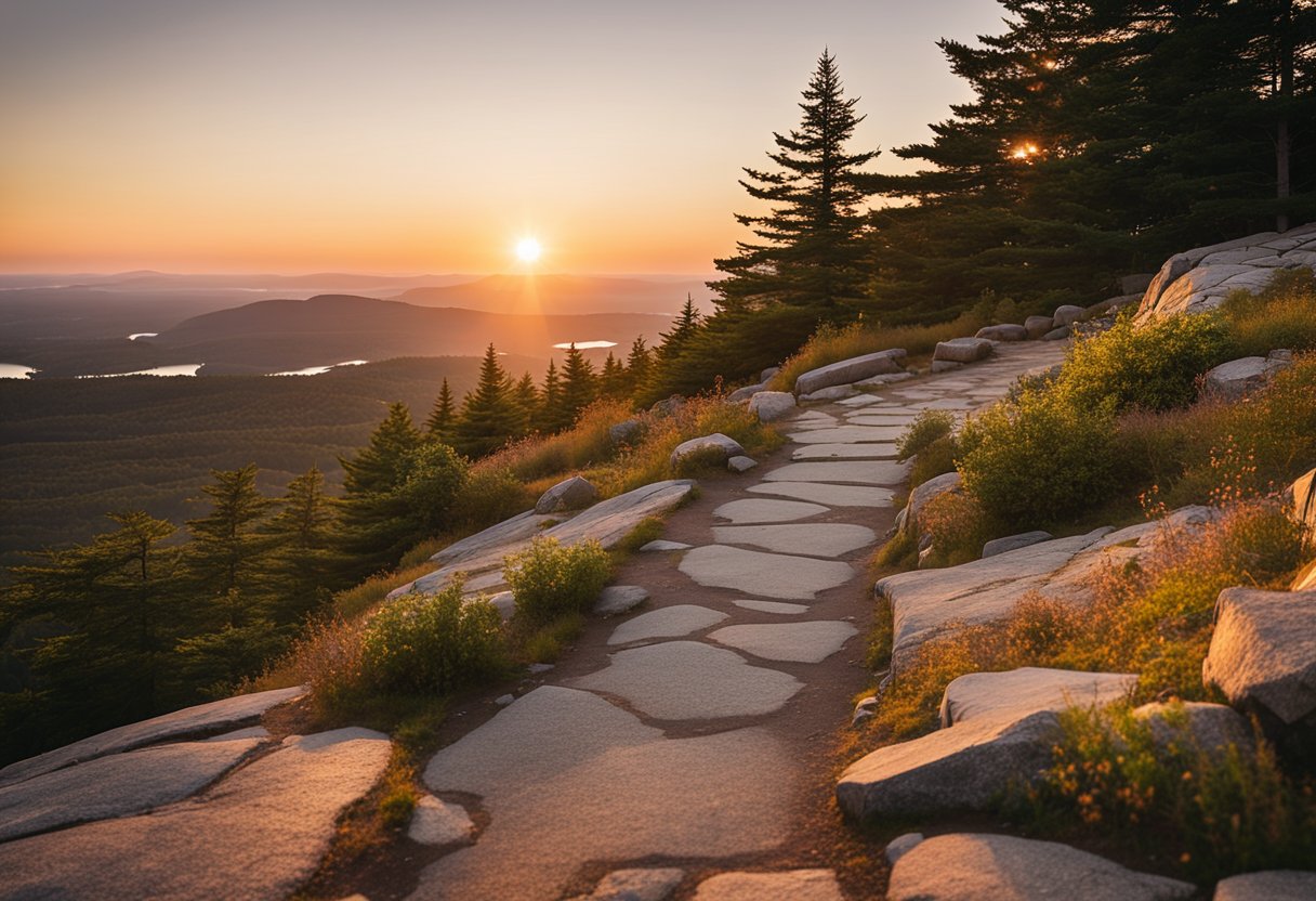 A winding road leads up to the summit of Cadillac Mountain, with hikers trekking up a nearby trail. The sun sets in the distance, casting a warm glow over the landscape