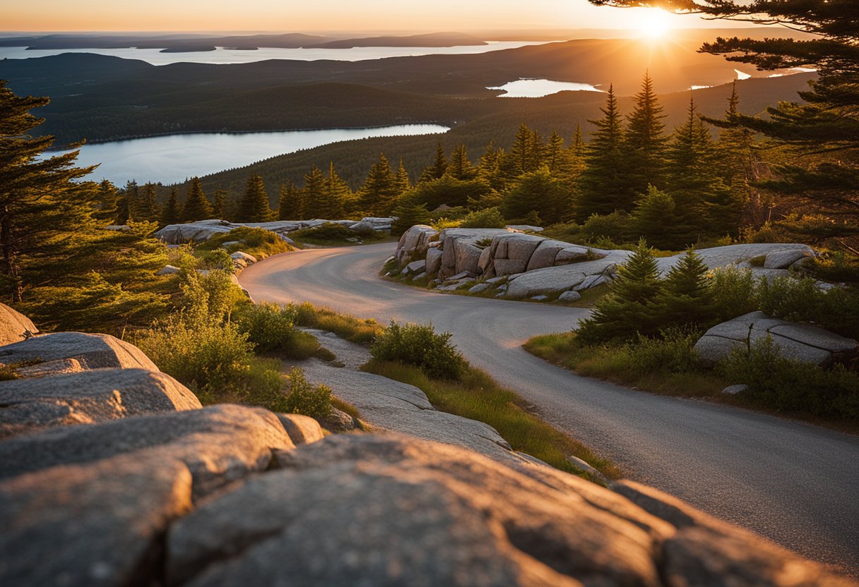 A winding mountain road leads to the summit of Cadillac Mountain, with hikers trekking along a trail beside it. The sun sets in the background, casting a warm glow over the landscape