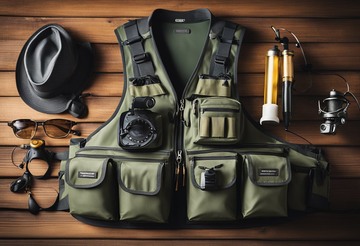 A fishing vest with multiple pockets and compartments, filled with various fly fishing gear and equipment, hanging on a wooden dock railing