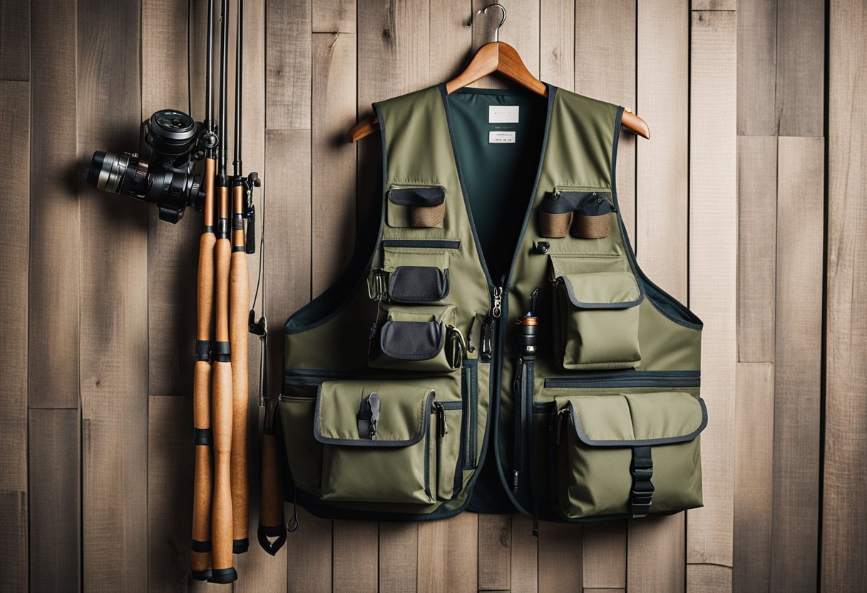 A fishing vest hangs on a wooden peg, adorned with pockets, zippers, and hooks. A fly rod leans against the wall next to it