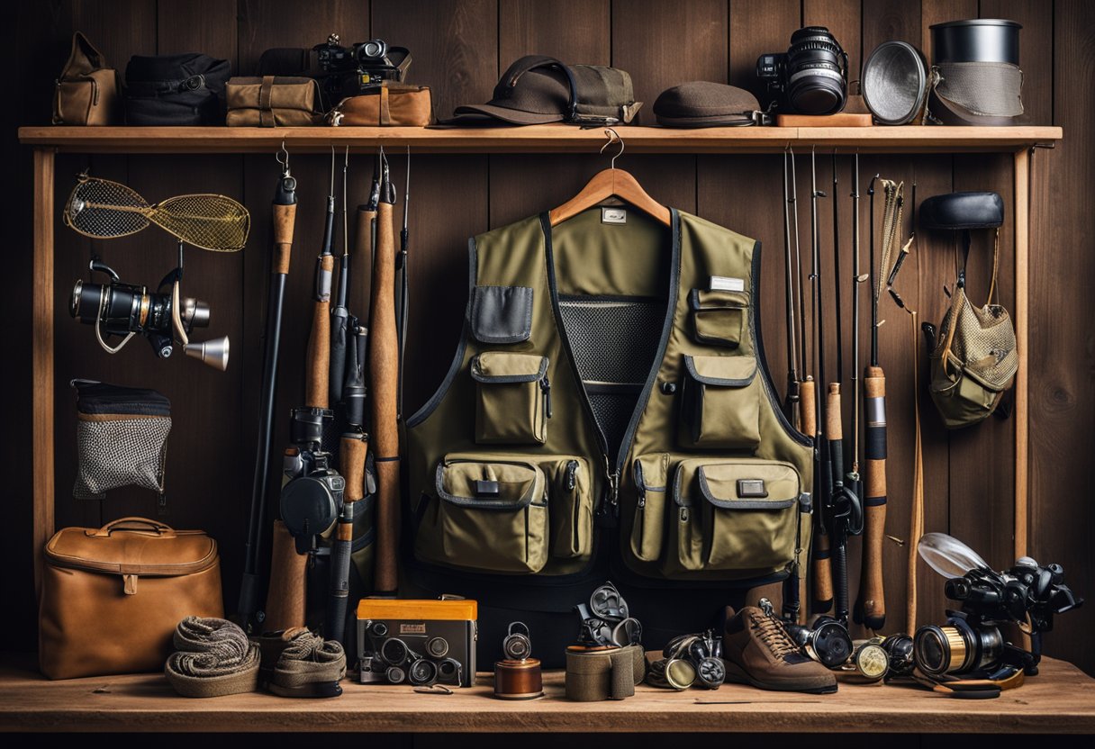 A fishing vest and a fly vest hang on a wooden rack, surrounded by various fishing gear and equipment