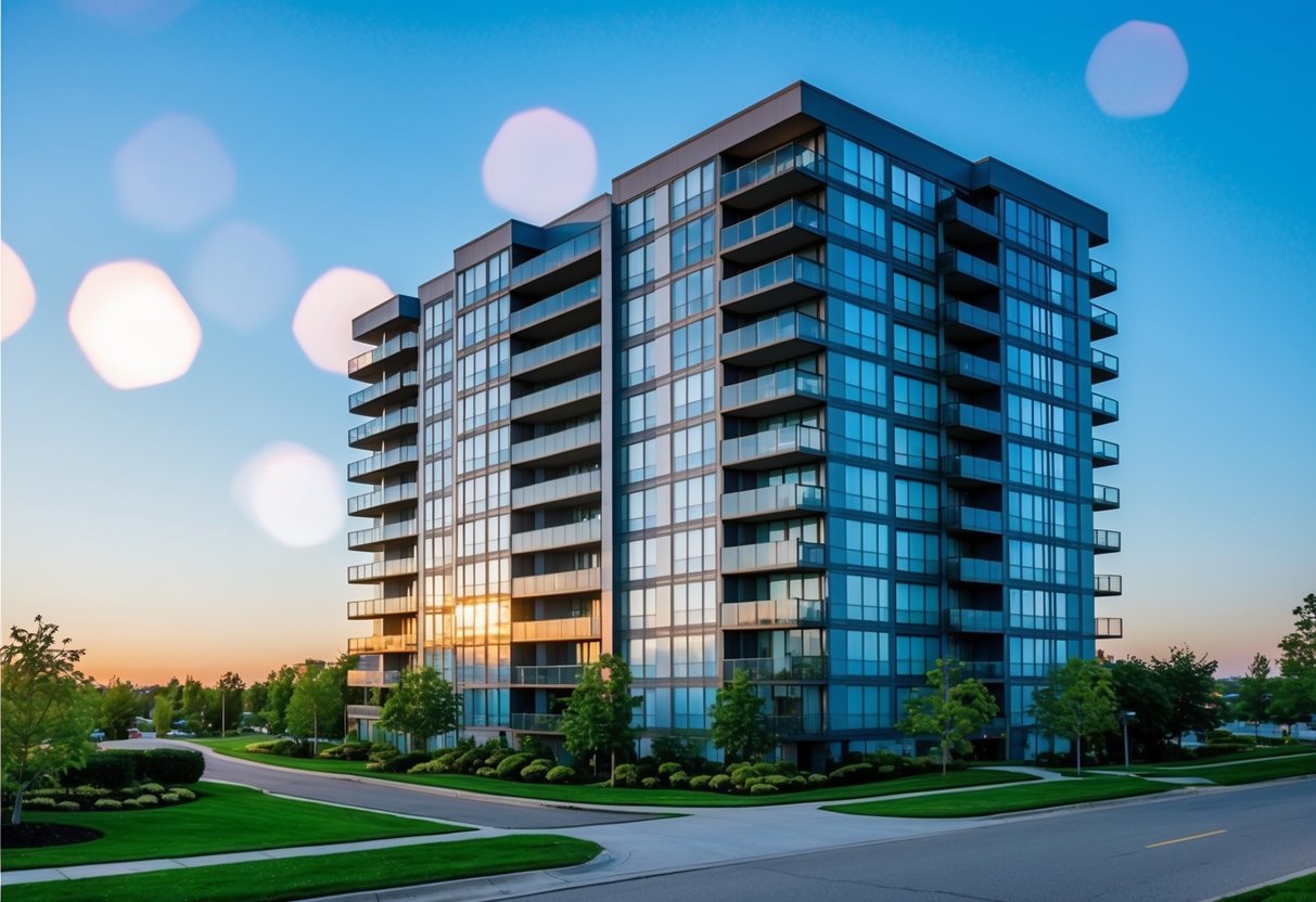 A modern condo building with a clear blue sky background and lush green landscaping surrounding the property