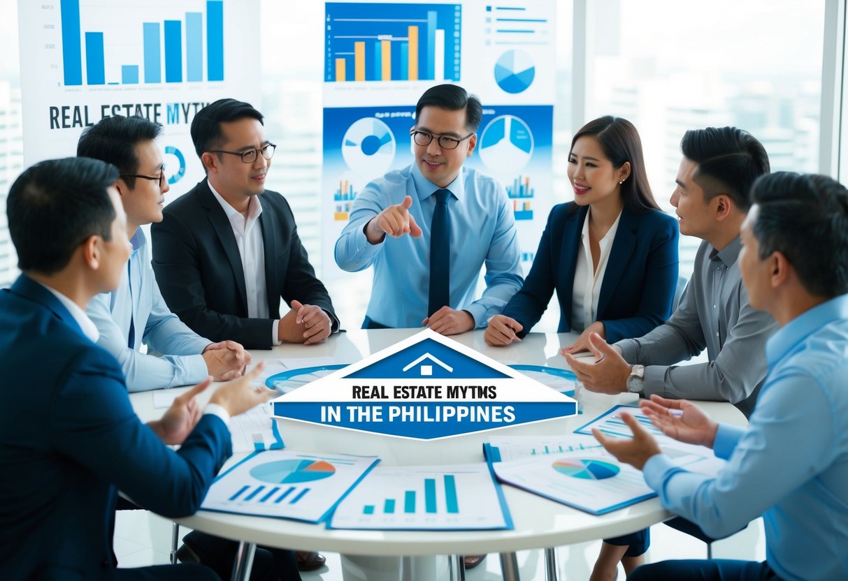 A group of people gathered around a table, discussing real estate myths in the Philippines. Charts and graphs are displayed, while one person gestures confidently