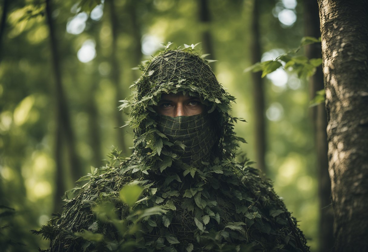 A ghillie suit blends into the forest, with natural foliage and branches woven into the fabric, creating a perfect camouflage for hunting