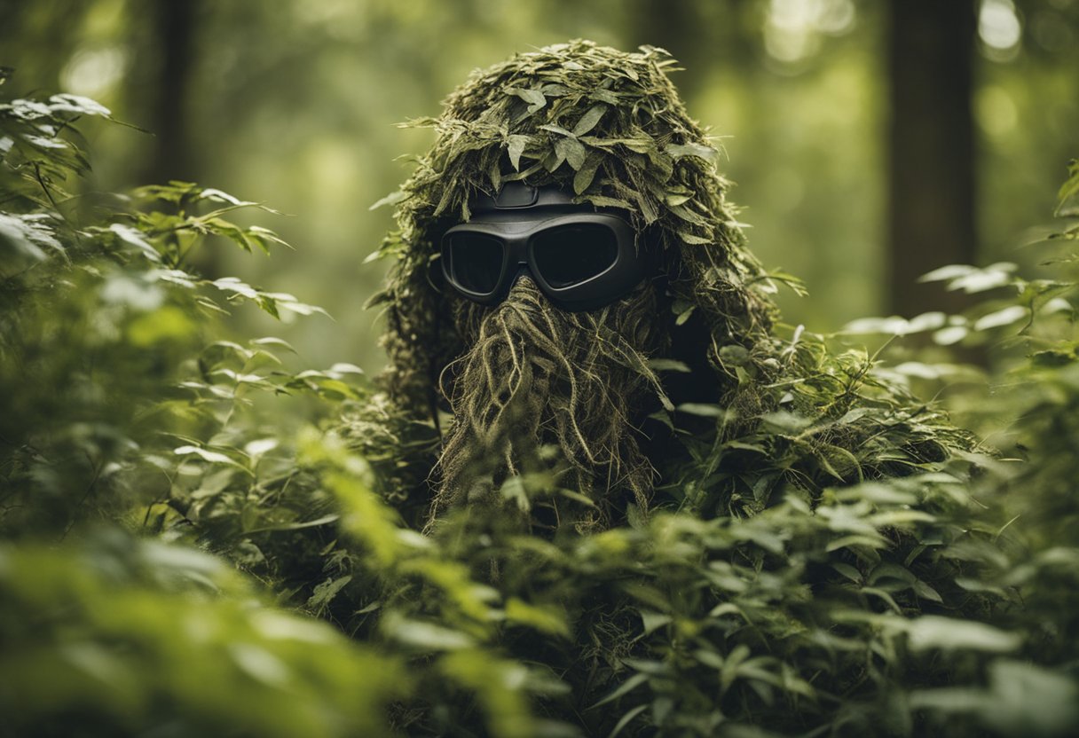 A ghillie suit blends into dense forest underbrush, its natural fibers and earthy tones providing effective camouflage for hunting