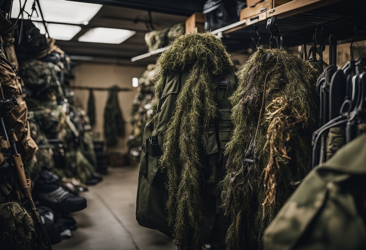 A ghillie suit hangs from a hook in a cluttered storage room, surrounded by hunting gear and camouflage materials