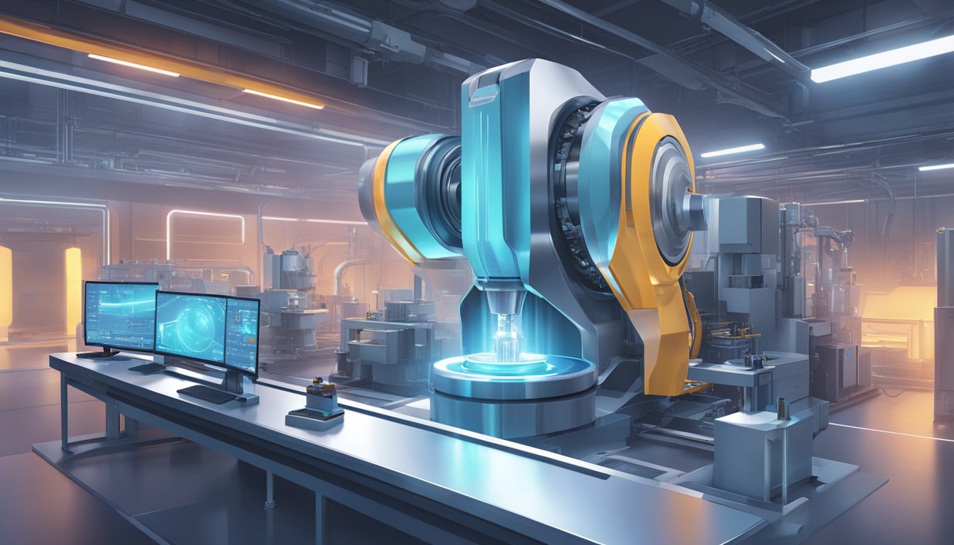 A futuristic lollipop-shaped end mill spins inside a high-tech machining center, surrounded by glowing screens and robotic arms