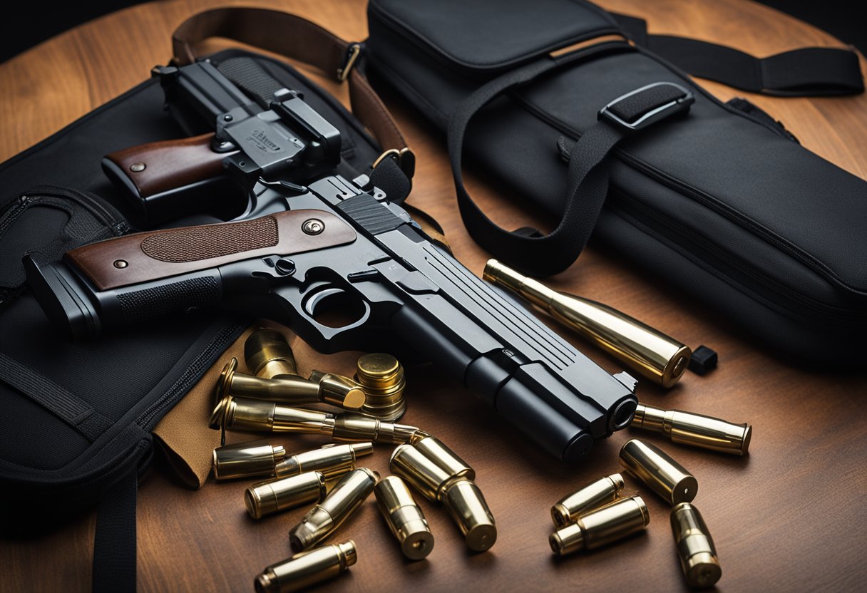 A soft rifle case and a soft gun case lying open on a wooden table, with a rifle and a handgun nestled inside, surrounded by ammunition and cleaning supplies