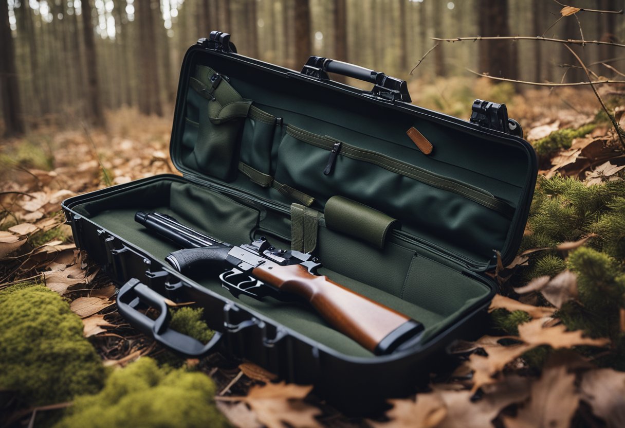 A soft gun case lies open on a forest floor, surrounded by fallen leaves and pine needles. A rifle is nestled inside, with pockets and straps for accessories