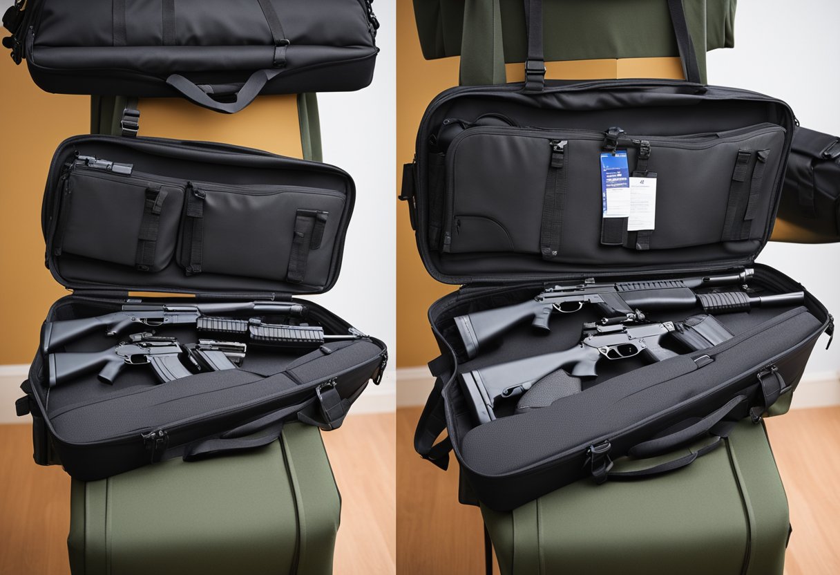 A soft rifle case with multiple pockets and compartments, surrounded by various soft gun cases for rifles