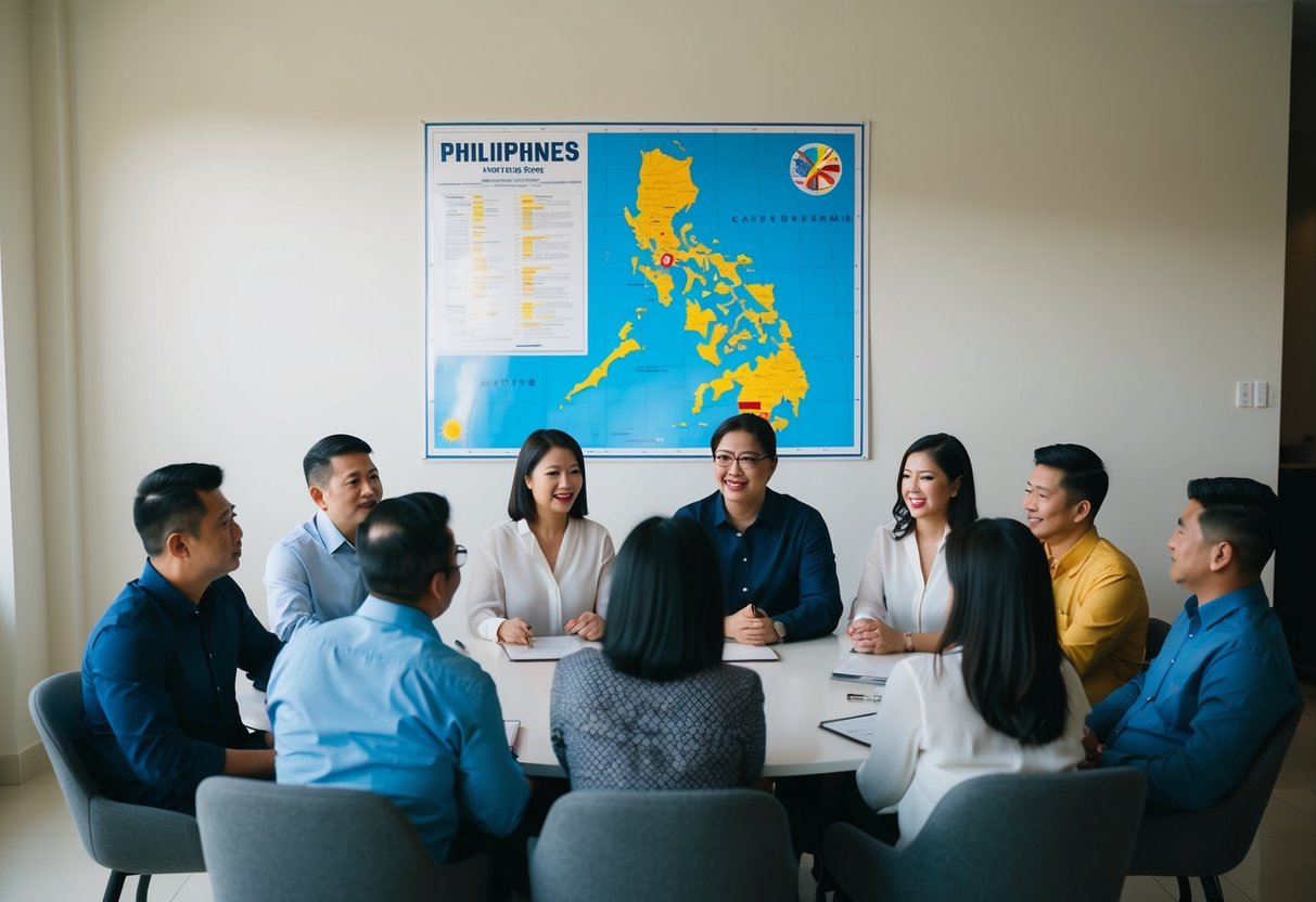 A group of OFWs gather around a table, discussing real estate myths. A map of the Philippines hangs on the wall behind them