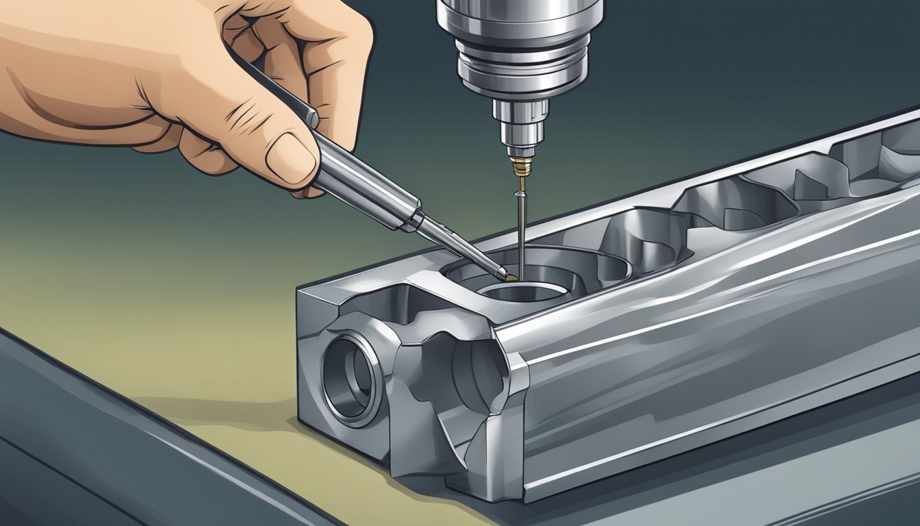 A mechanic using a carbide tap to thread a hole in a piece of hardened steel, with metal shavings and lubricant visible